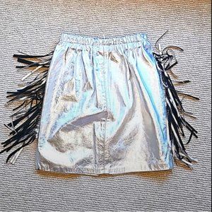 NEW Vintage Metallic Silver Real Leather Skirt with Side Fringes!